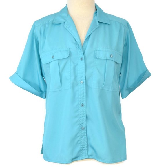Vintage 90’s Ariella Aqua Blue Lightweight Button Up Short Sleeve Shoulder Pad B - Picture 1 of 12